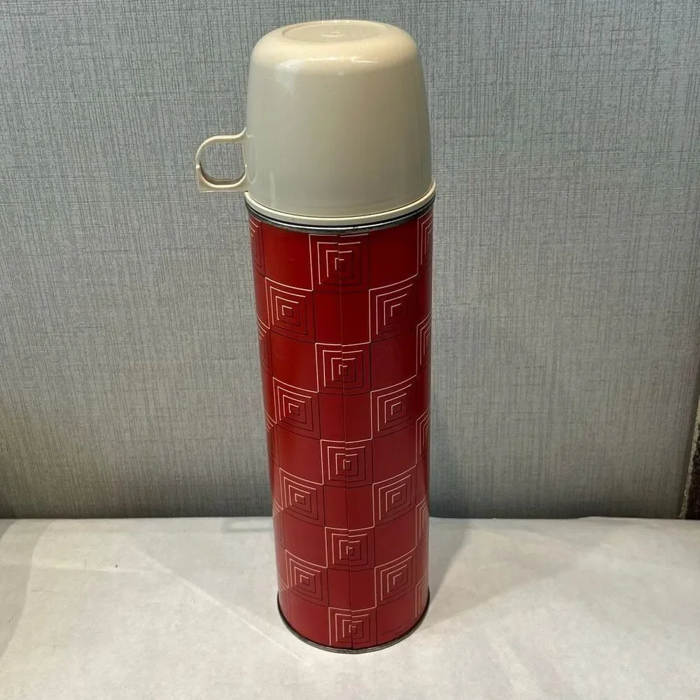 Vtg Red Icy-Hot Thermos Quart Size Lid Cap Cup Squares Pattern